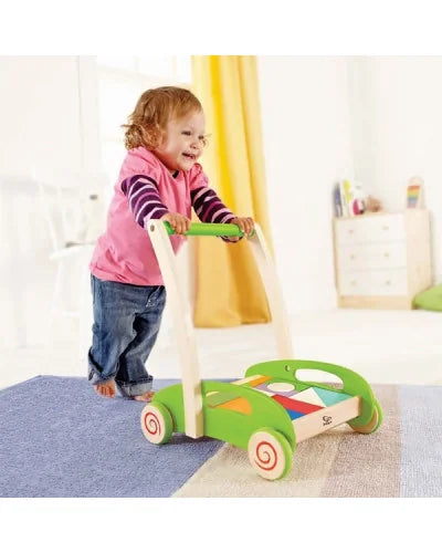 Trotteur Vert en Bois avec Blocs Multicolores - Hape